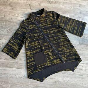 Chalet Et Ceci Asymmetrical Zip Front 3/4 Sleeve Black/Green Abstract Print SZ S